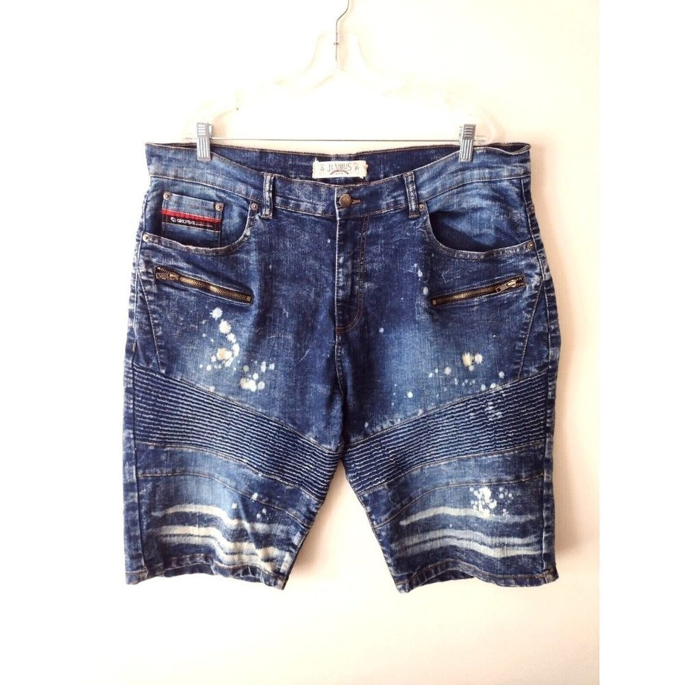 Akademiks Jeanius Acid Wash Jean Shorts Mens Size 38 Blue Denim Moto 90s Y2K